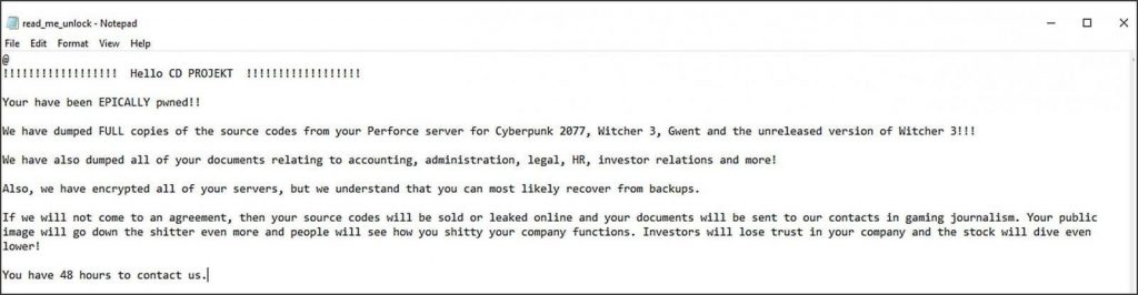 CD Projekt Red Ransom Note